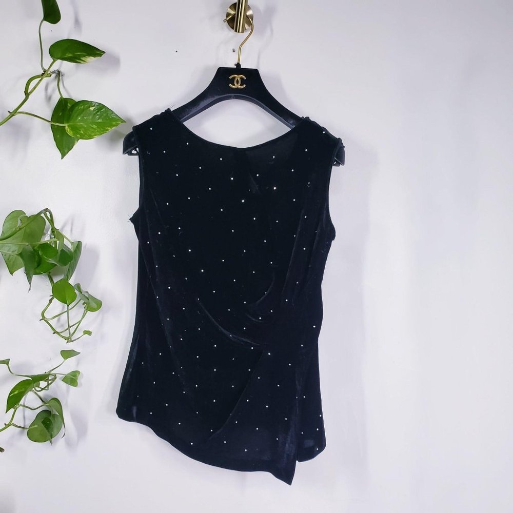 NEW Zara Women Black Polka Dots Blouse Tops LARGE V-Neck Sleeveless Ruche Velvet - Picture 1 of 10
